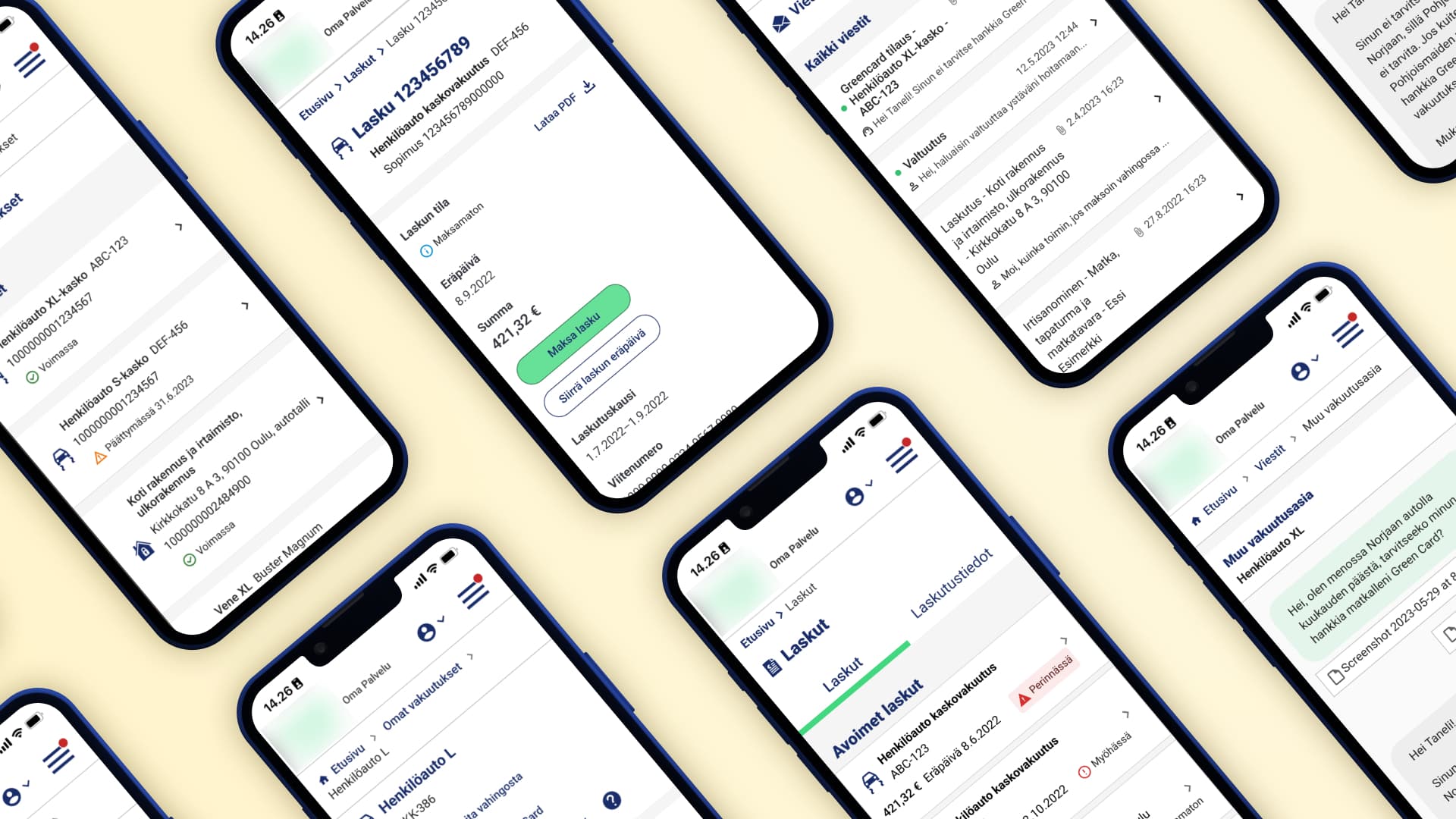 Mobile views of insurance company customer portal pages, such as Insurances and Bills