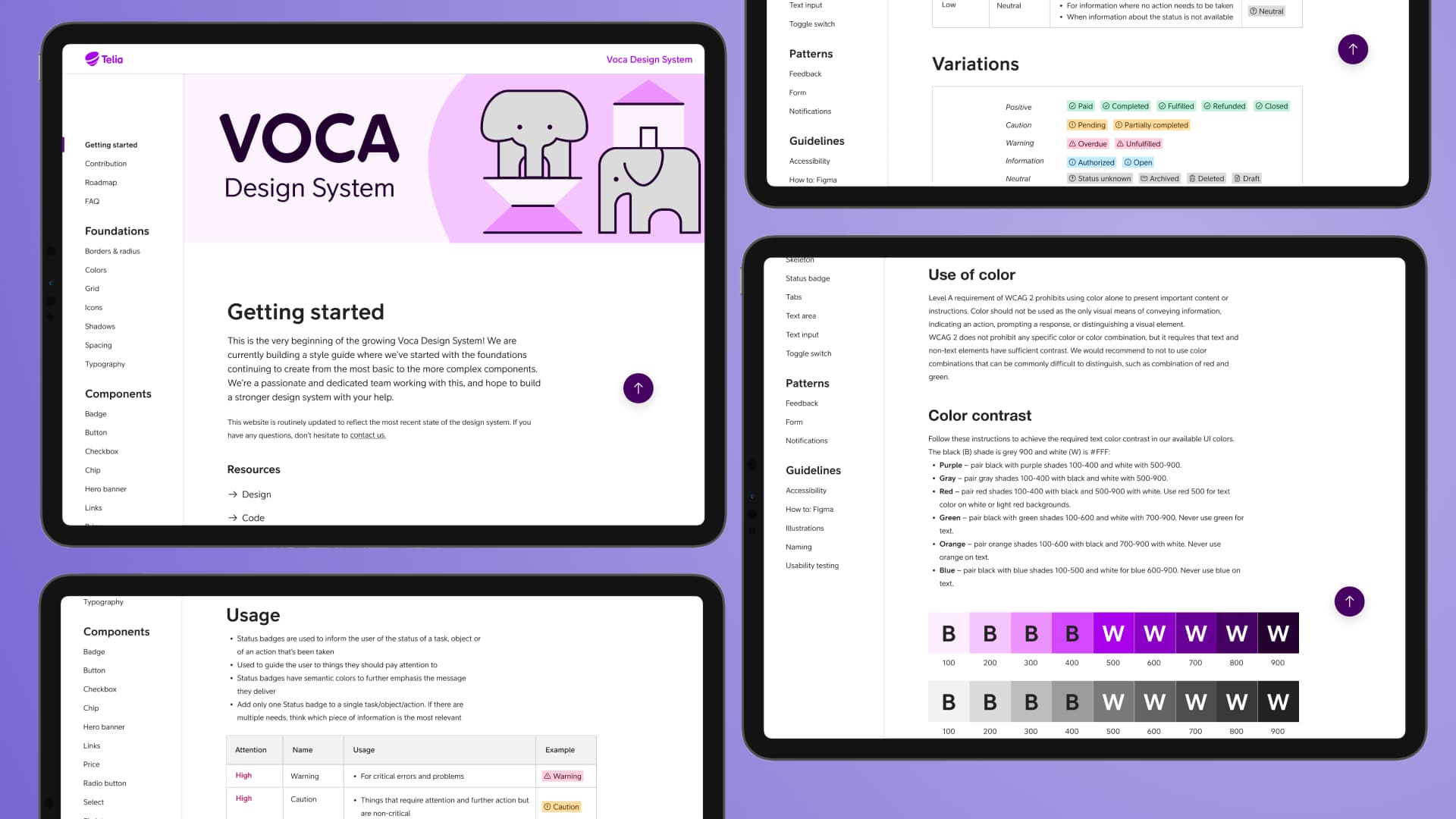 Two fully visible and two half visible tablet screens with design system documentation content.